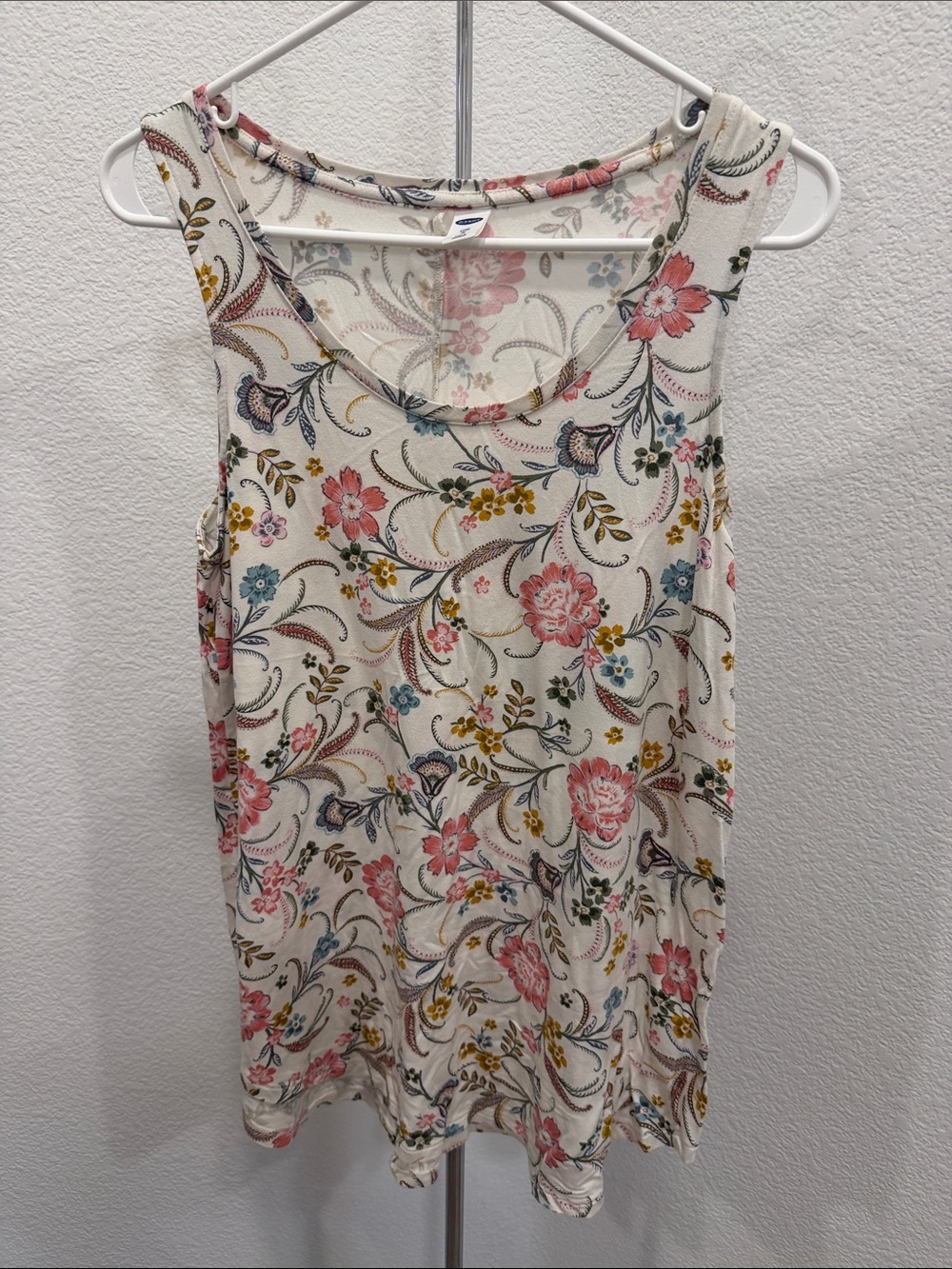 Old Navy Cream Floral Scoop Tank with Pink and Blue Accents